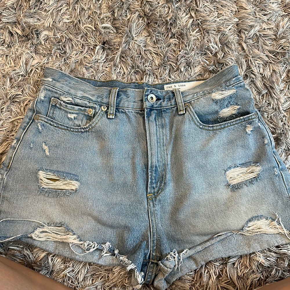 Rag and bone light wash distressed high waisted denim shorts